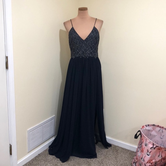Badgley Mischka Formal Maxi Dress Size 12 Navy Blue Silver Spiderweb Beaded Gown - Picture 2 of 11
